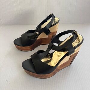 Womens Wood Platform Wedge Sandals 7 Black T Strap Boho Retro Statement Heels